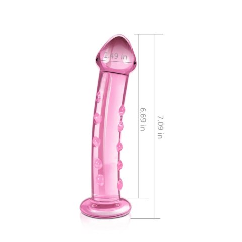 Różowe szklane dildo proste z wypustkami i główką Różowe szklane dildo proste z wypustkami i główką