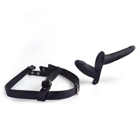 Podwójny strap-on koloru czarnego na szelkach Podwójny strap-on koloru czarnego na szelkach